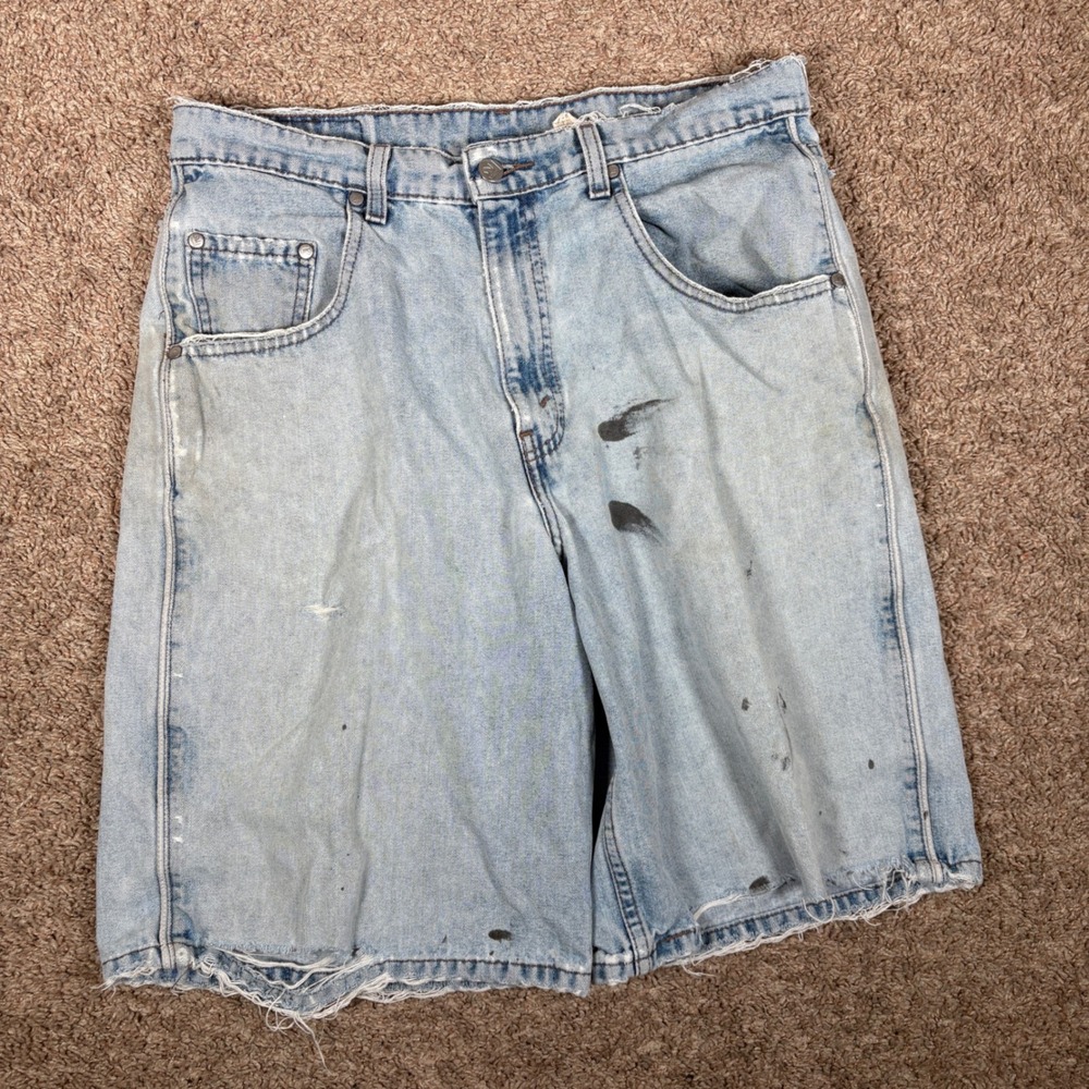 Vintage Levis L2 Boxy Short Mens 32 Light Wash Distressed Paint Splatter Skater